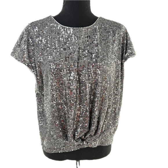 Ann Taylor LOFT Silver Gray Sequin Stretch Cap Sleeve Crop Holiday Blouse Size L - Picture 3 of 17